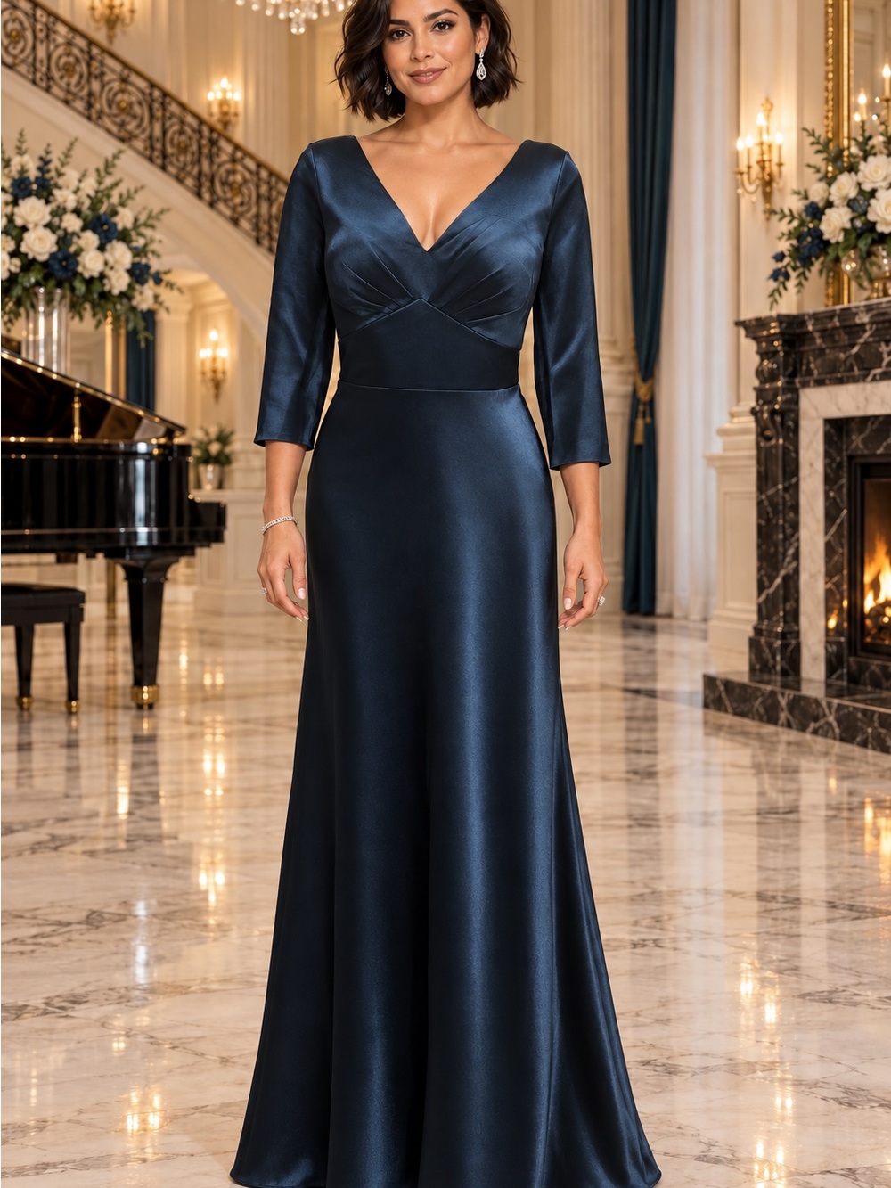 NWOT AW Bridal Dark Teal Blue Satin Formal Gown Wedding Gale V-Neck Sz 14